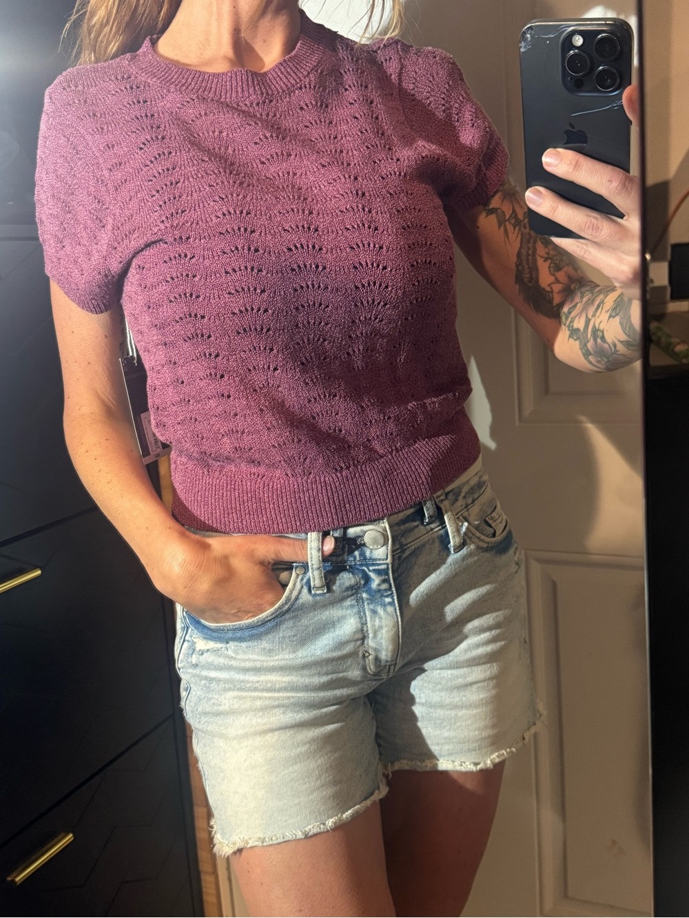 Worthington Eyelet Knit Short Sleeve Sweater - Plum